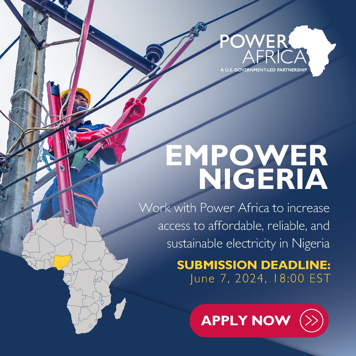REQUEST FOR PROPOSAL | Work w/ @PowerAfricaUS to increase #EnergyAccess in Nigeria!

#EmpowerNigeria 👉 ow.ly/43SC50RA6bq

❓ Questions deadline: 5/17/24
❗ Submission deadline: 6/7/24

@USAIDWestAfrica @USAIDAfrica @WorkwithUSAID @AfricaMediaHub @USinNigeria @USAIDNigeria