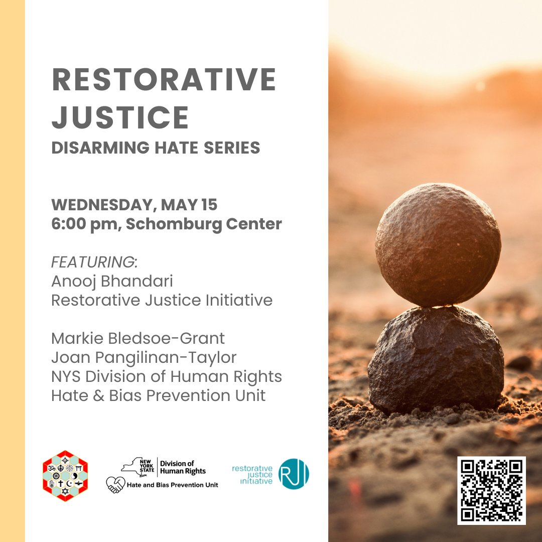 Join HBPU, @ICNY and @RJI_NYC at the Schomburg Center in Harlem on Wednesday 5/15 at 6pm for “Overview and Application of Restorative Practice,” part of the Disarming Hate Series. See you there!