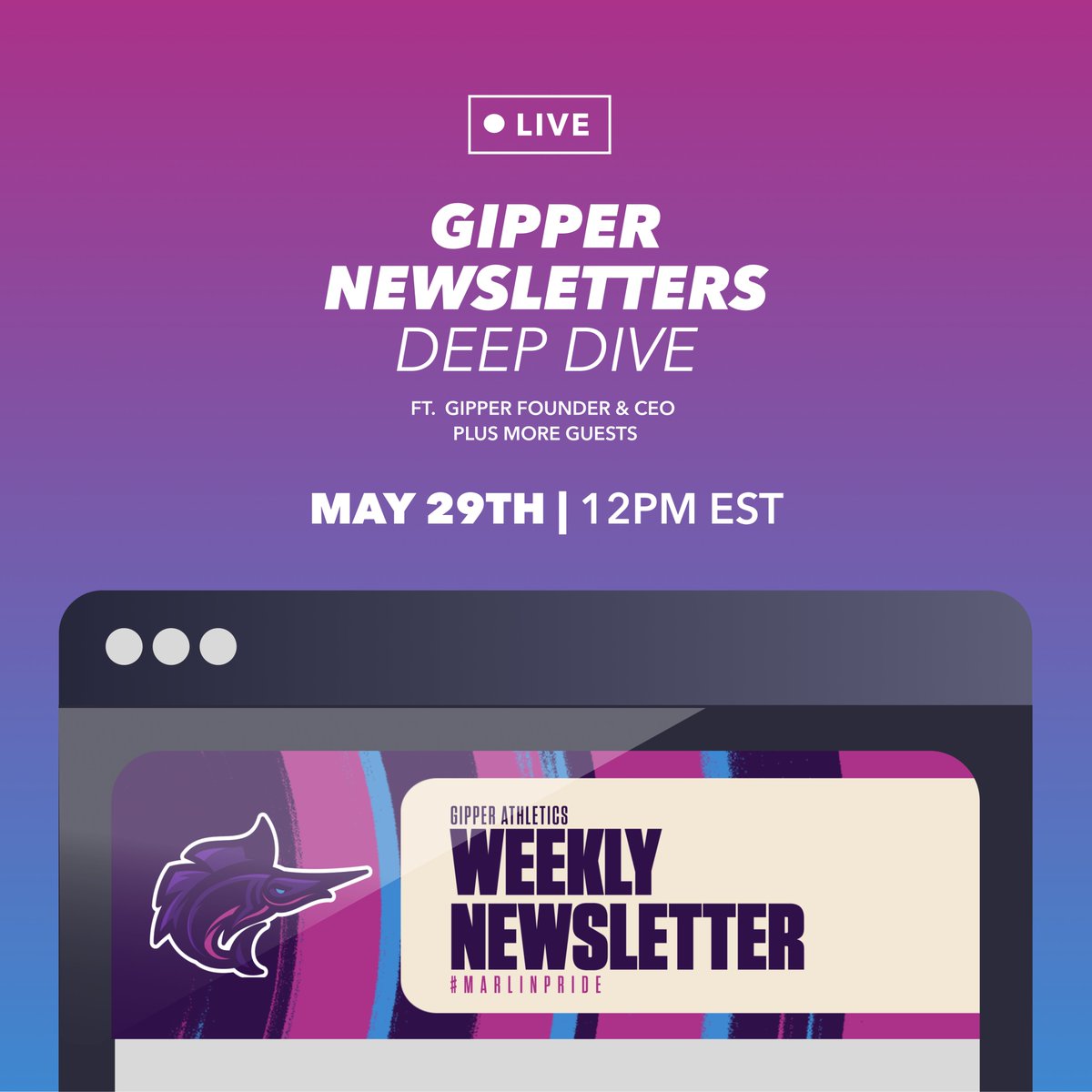 🟣LIVE WEBINAR! Join Gipper Founder & CEO @matthewaglick, @G_L_ATHLETICS AD Colin Fegeley, and @Mauldin_Athl AD Jim Maciejewski to learn how Gipper is leveling up the newsletter game ⚡️ #BeThere on May 29th at Noon ET Register here: bit.ly/44HpBDY