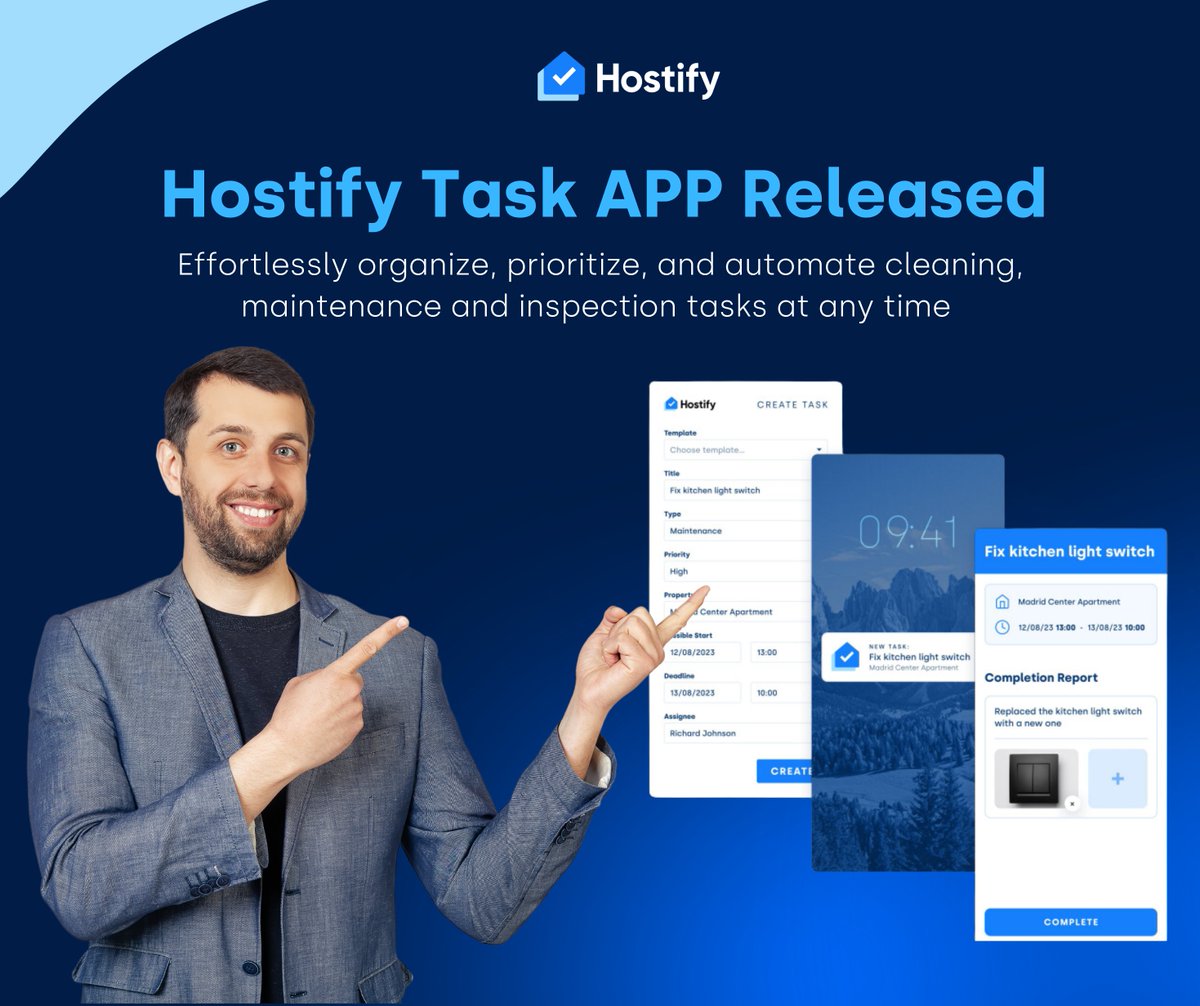 Hostifycom's tweet image. Big Announcement: We launch the Hostify #TaskAPP! 🚀
Say goodbye to missed tasks and #organize, prioritize, and #automate #cleaning, #maintenance and #inspection tasks effortesly! 📱
Ready to unlock all the #advantages? hostify.com/features/task-…