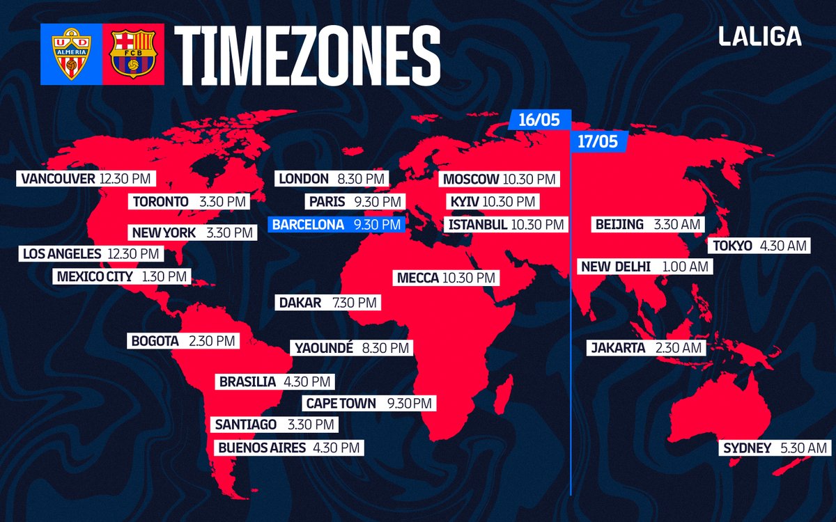 ⏰ Os horários do #AlmeríaBarça em todo o planeta. 🌎 👊 #ForçaBarça 🔵🔴