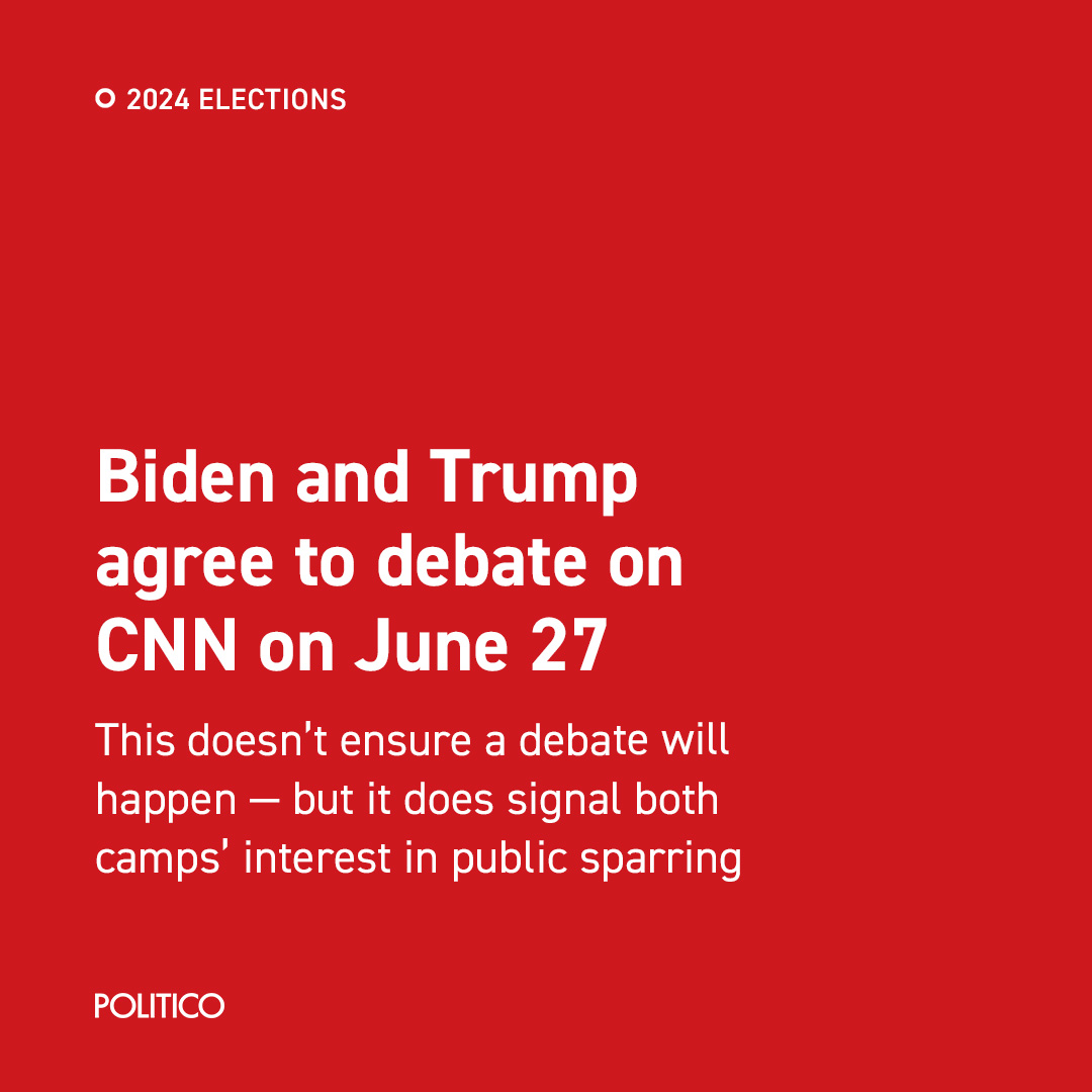 After months of avoiding direct engagement on when and where to debate, both Trump and Biden seemed to agree on a time and place in a matter of minutes today. 🔗politi.co/4bgwYo9