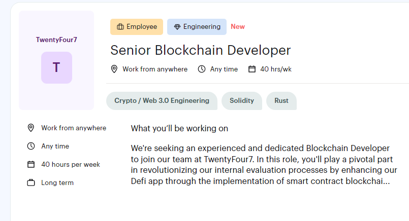 Senior Blockchain Developer-  $90 – 120/hr
#Freelance #Engineering WORK- TRABAJO FOR TwentyFour7
Apply as a talent here link lnkd.in/dbe4uups

Crypto / Web 3.0 Engineering
Solidity
Rust
#JobSearch #CareerAdvice #Networking #PersonalBrand
Apply here lnkd.in/dbe4uups