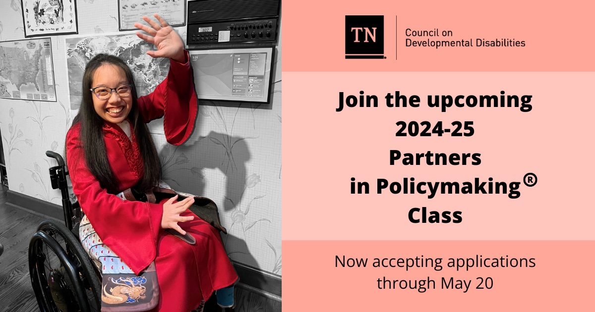 Partners in Policymaking is accepting applications for the 2024-25 class through May 20! Partners in Policymaking® is a FREE leadership and advocacy training program from the TN Council on Developmental Disabilities.  Click to apply:  tn.gov/cdd/engage-wit…
