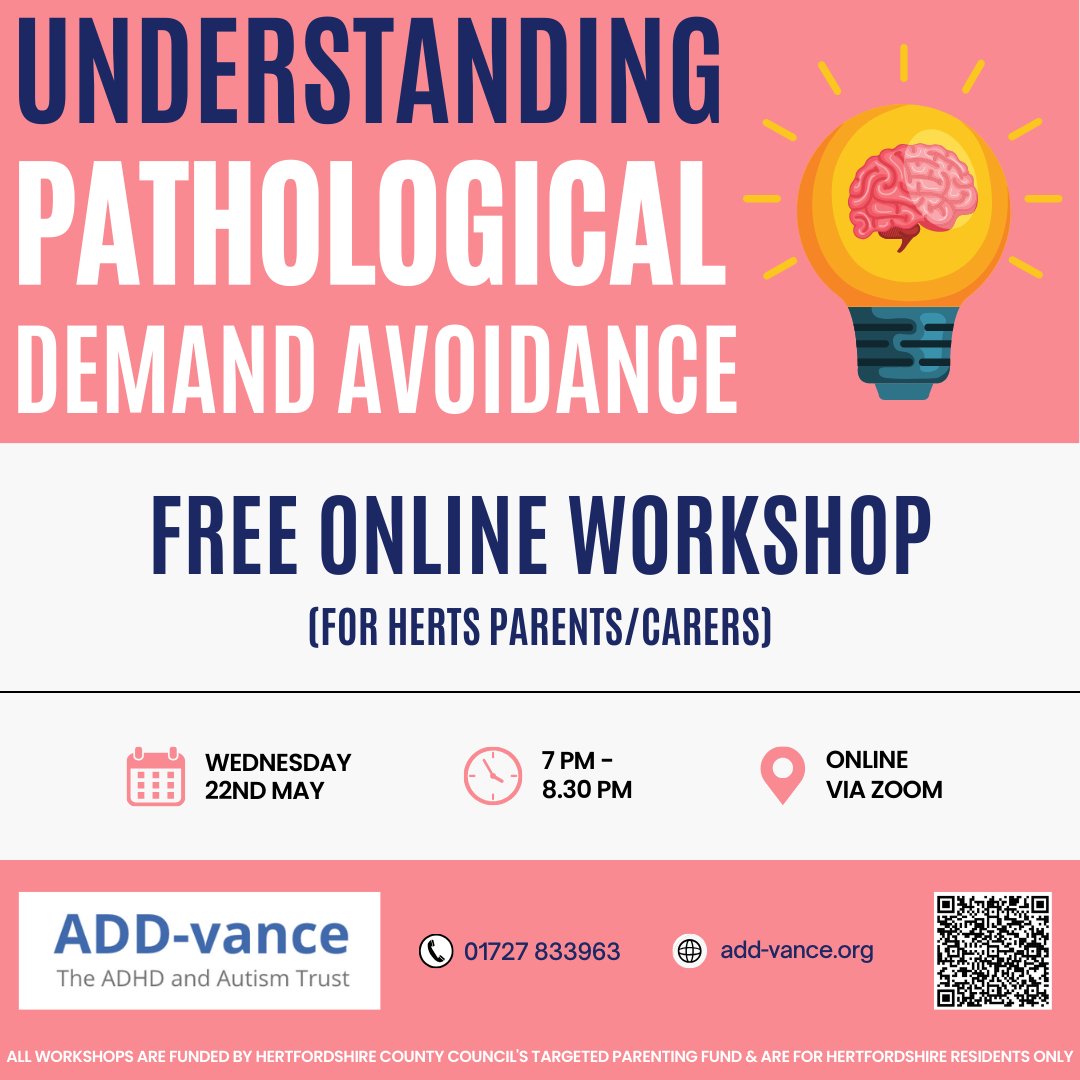 VanceAdd's tweet photo. 📣 FREE ONLINE WORKSHOP for Herts parents &amp; carers 📣

Understanding Pathological Demand Avoidance (PDA)
Wed 22nd May - 7 - 8.30pm

Book here: https://t.co/lSWgzmNRVW or scan the QR code

#ADDvance #ADHD #autism #neurodivergent #hertfordshire #pda #pathologicaldemandavoidance https://t.co/qGBu15ElN6