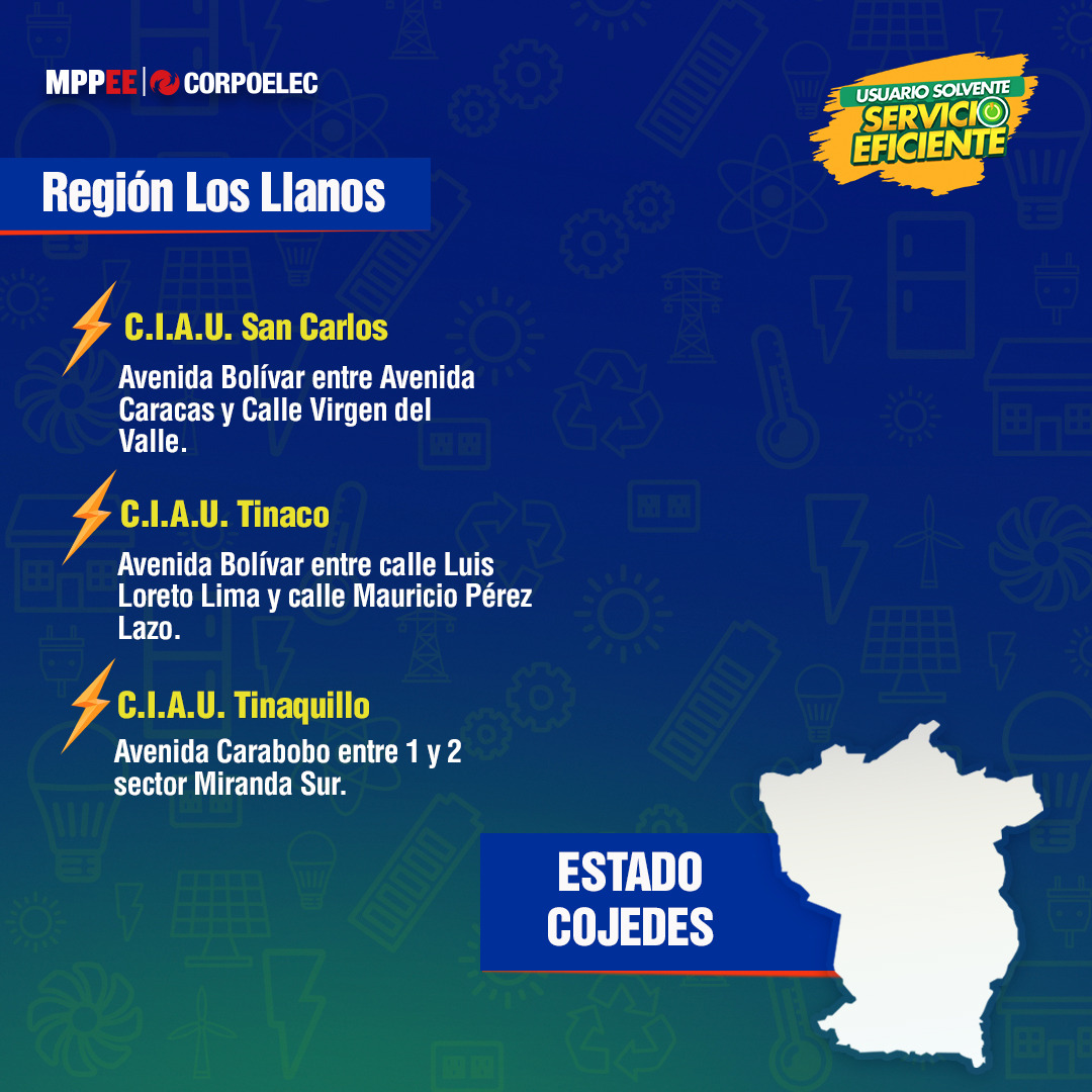 #Corpoelec pone a tu disposición los Centros Integrales de Atención al Usuario en el estado #Cojedes para cancelar la factura del servicio eléctrico y ser atendido de manera personalizada. ¡Usuario Solvente, Servicio Eficiente!