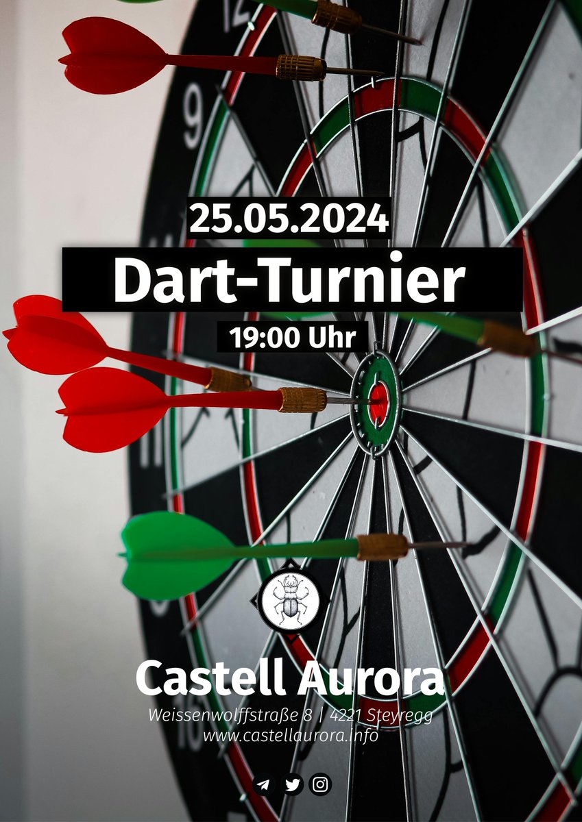 🟥  Nächsten Woche Samstag (25.05.2024, 19:00 Uhr) veranstalten wir das 2. „Bar Aurora“-Dart-Turnier. 🎯 Ihr könnt euch gerne dafür unter buero@castell-aurora.info anmelden.

• Euer patriotisches Hausprojekt in Steyregg (Oberösterreich)