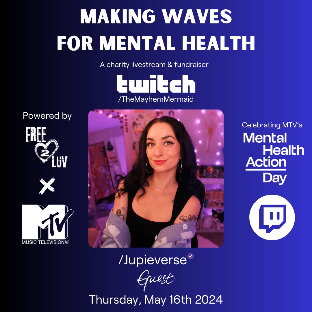 I'm excited to partner with @Free_2_Luv, @MayhemMermaid, and @MTV to celebrate Mental Health Action Day as a special guest! Join the conversation on @Twitch on Thursday, May 16th at 6PM ET as we fundraise for this important cause 🤍 #Free2Luv #MentalHealthAction