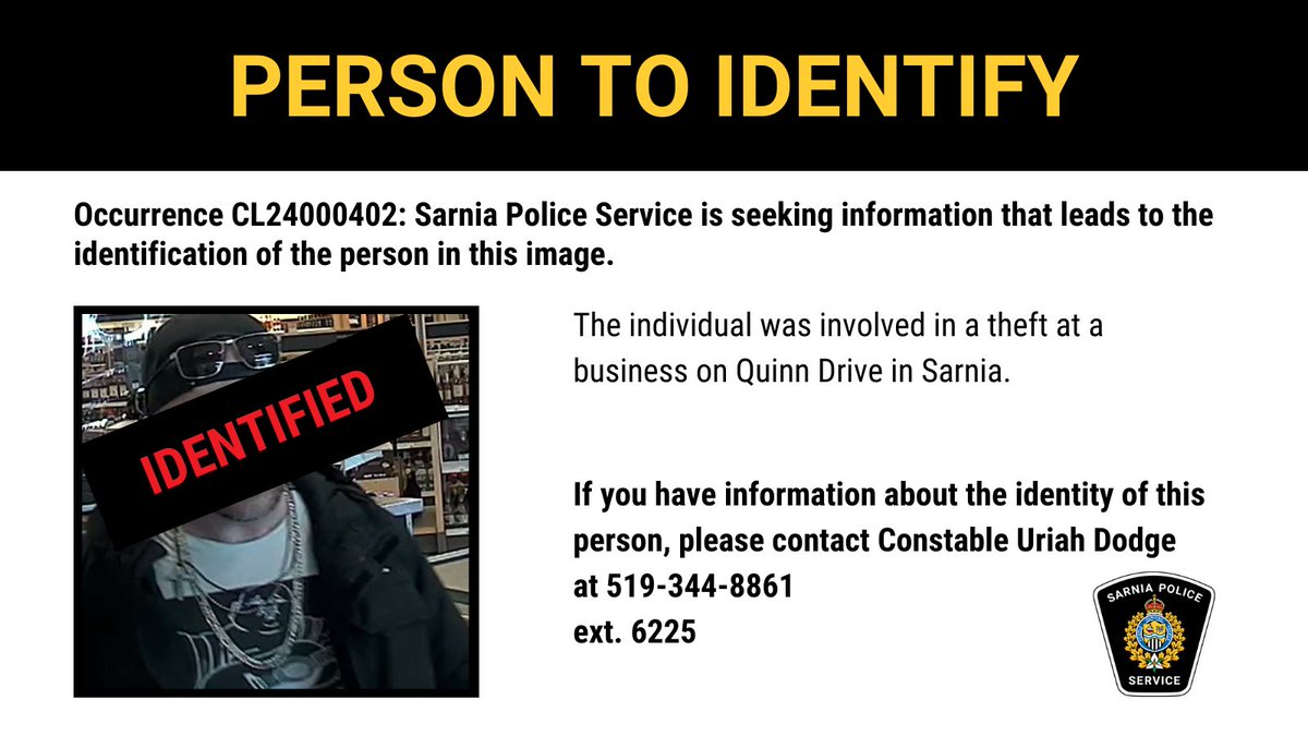 #IDENTIFIED: Thank you to the public for their assistance in identifying this person.

#WantedWednesday #SarniaPolice #CommunityCrimeUnit