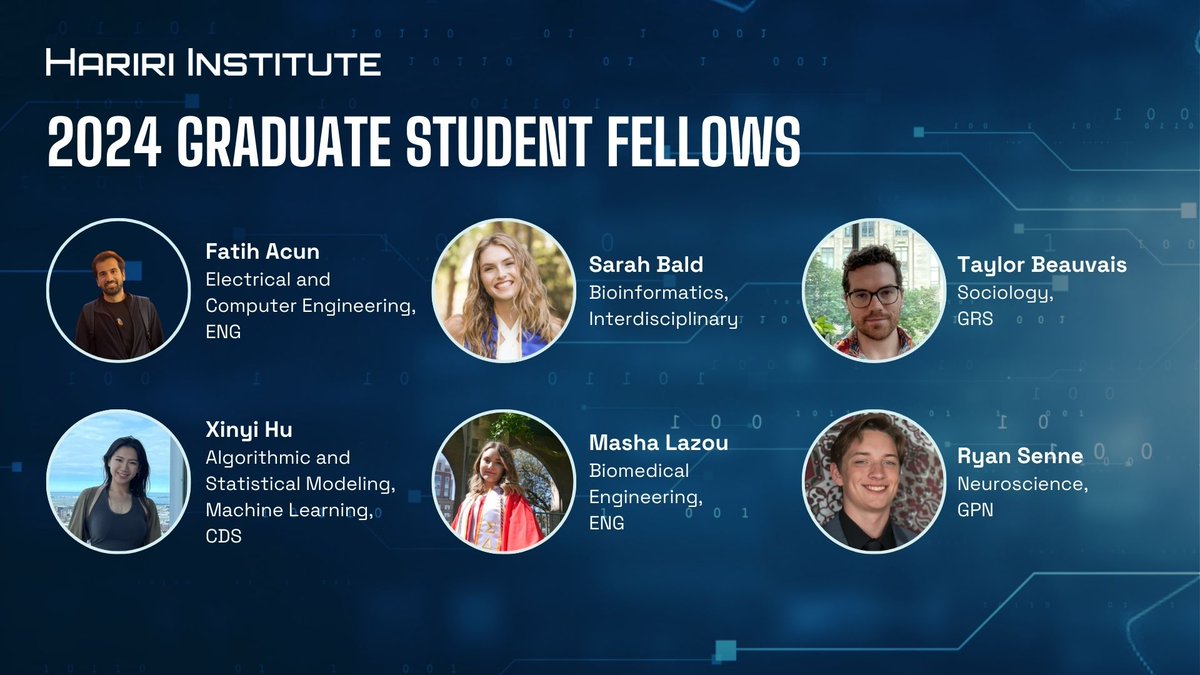 Hariri Institute for Computing, Boston University (@bu_computing) on Twitter photo Congrats to our 2024 Hariri Institute Graduate Student Fellows!
Fatih Acun (<a href="/BUCollegeofENG/">BU Engineering</a>), Sarah Bald (<a href="/BUbioinfo/">BU Bioinformatics</a>), Taylor Beauvais (<a href="/BU_GRS/">BU GRS</a>), Xinyi Hu (<a href="/BU_CDS/">BU Computing & Data Sciences (CDS)</a>), Masha Lazou (<a href="/BUCollegeofENG/">BU Engineering</a>), and <a href="/ryan_senne/">Ryan Senne</a> (<a href="/NeurosciBU/">BU Neuroscience 🧠</a>).
Learn more: tinyurl.com/2pf9jkwc Congrats to our 2024 Hariri Institute Graduate Student Fellows!
Fatih Acun (<a href="/BUCollegeofENG/">BU Engineering</a>), Sarah Bald (<a href="/BUbioinfo/">BU Bioinformatics</a>), Taylor Beauvais (<a href="/BU_GRS/">BU GRS</a>), Xinyi Hu (<a href="/BU_CDS/">BU Computing & Data Sciences (CDS)</a>), Masha Lazou (<a href="/BUCollegeofENG/">BU Engineering</a>), and <a href="/ryan_senne/">Ryan Senne</a> (<a href="/NeurosciBU/">BU Neuroscience 🧠</a>).
Learn more: tinyurl.com/2pf9jkwc