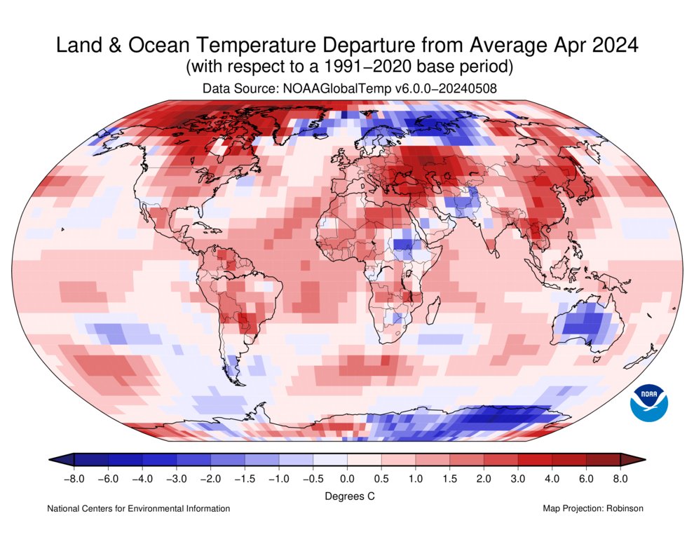 👀 April 2024 was the warmest April on record for the globe, marking the 11th consecutive month of record warmth: bit.ly/Global202404 #StateOfClimate