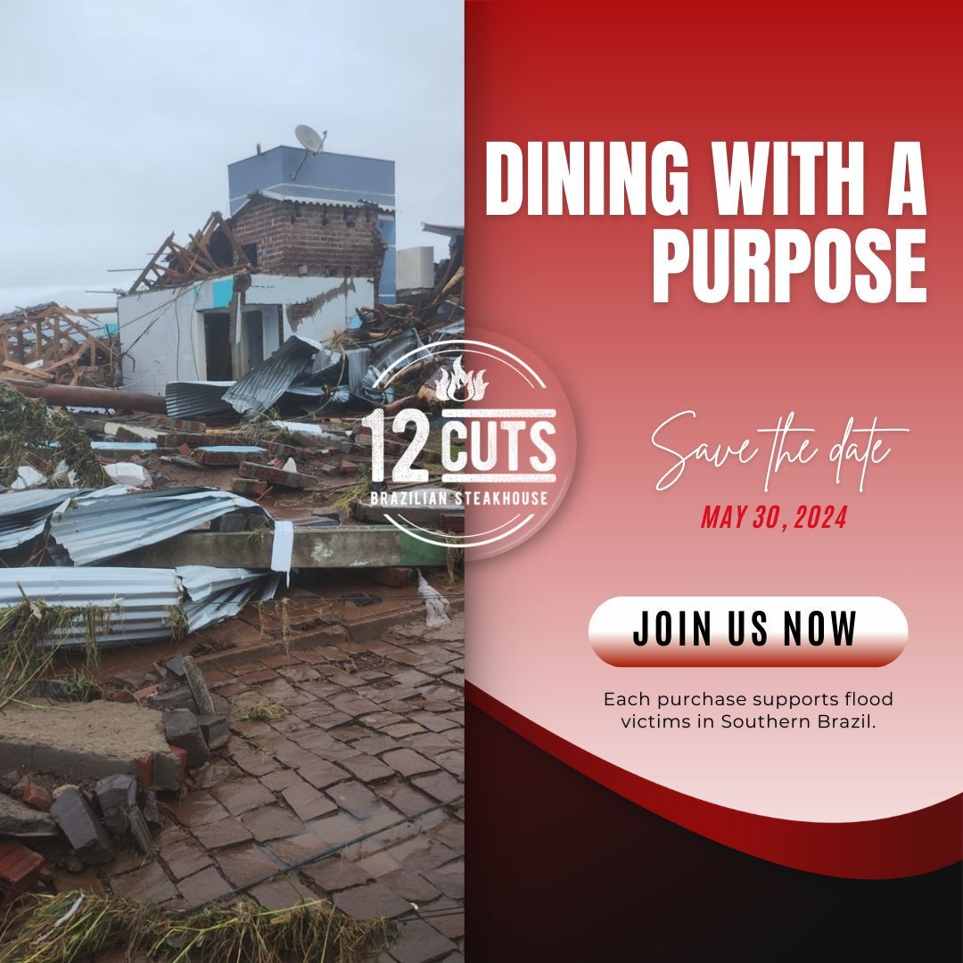 Dine with purpose on May 30th at 12 Cuts Brazilian Steakhouse. Every purchase supports flood relief in Brazil. Reserve your table now! buff.ly/3HoKBTI @BestofGuide #12CutsBrazilianSteakhouse #DallasFoodie #DallasFood #DallasTexas #DFWFoodie #DallasRestaurants