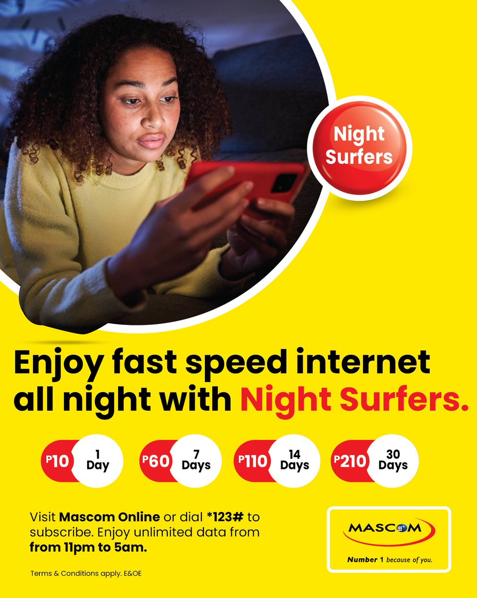 Calling all night scrollers and browsers, this one is for YOU! Subscribe to Night Surfers package from as low as P10 for one day and enjoy unlimited data from 11pm to 5am! Dial *123# or visit online.mascom.bw to purchase your bundle #NightSurfers #Number1BecauseOfYou