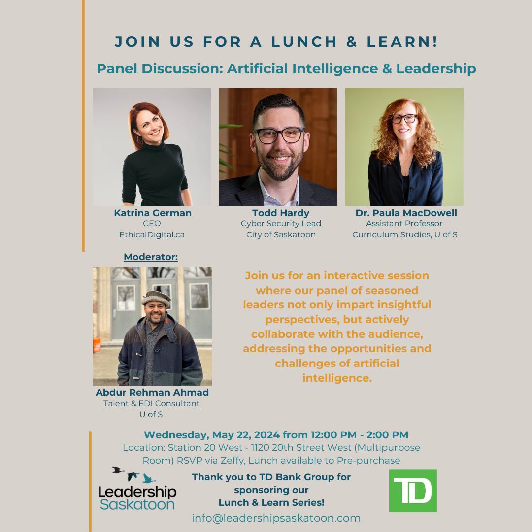 🙋‍♀️Who here loves a good Lunch &amp; Learn? 

Lucky for you, we know of a great one coming up! 

<a href="/Katrinavision/">Katrina German</a> will be joining a panel of experts at Leadership Saskatoon's AI and Leadership Lunch &amp; Learn on May 22! RSVP and pre-purchase your lunch here: info@leadershipsaskatoon.com🙋‍♀️