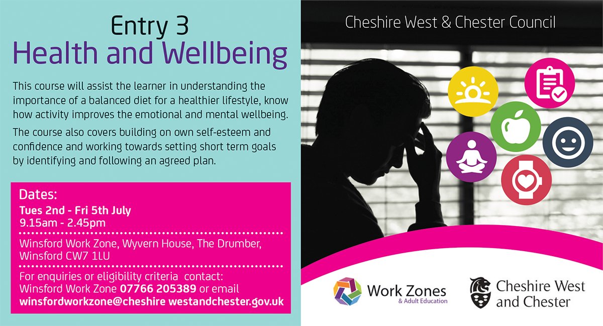 💗 Entry 3 Health and Wellbeing course at Winsford Work Zone. 🗓️ Tuesday 2 - Friday 5 July 🕘 9.15am - 2.45pm 📍 Winsford Work Zone, Wyvern House To book a place or for further information: 📱 07766 205389 📧 winsfordworkzonen@cheshirewestandchester.gov.uk
