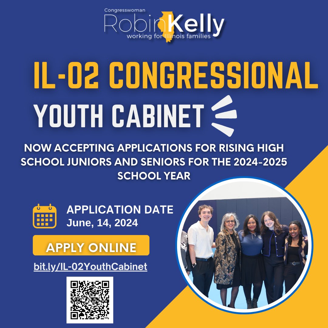 Attention IL-02 High School students! Applications are open for my Congressional Youth Cabinet! My office will be accepting applications until June 14th. Visit my website to apply: robinkelly.house.gov/services/congr…