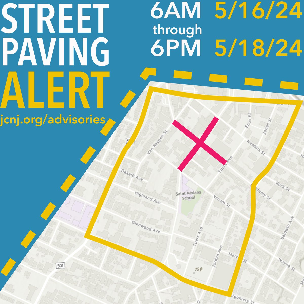 We are making Jersey City streets smoother! From 6AM Thurs, 5/16/24, to 6PM Sat, 5/18/24, we'll be closing streets from Montgomery to Sip and from JFK to Bergen. Please check jcnj.org/advisories. Only local traffic will have access. Please observe parking restrictions.