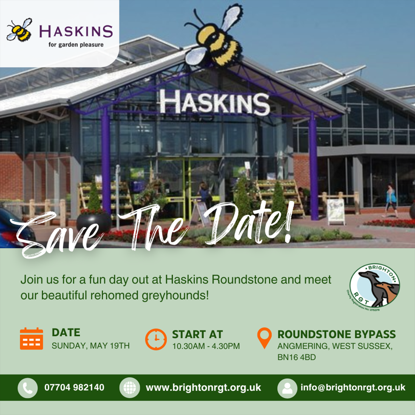Join us on Sunday, May 19th, 10:30 am - 4:30 pm at Haskins Roundstone Garden Centre! Meet our volunteers and their rehomed greyhounds.

We look forward to seeing you! 🐾❤️

#SaveTheDate #MeetTheHounds #HaskinsRoundstone #GreyhoundLove #DogEvent
