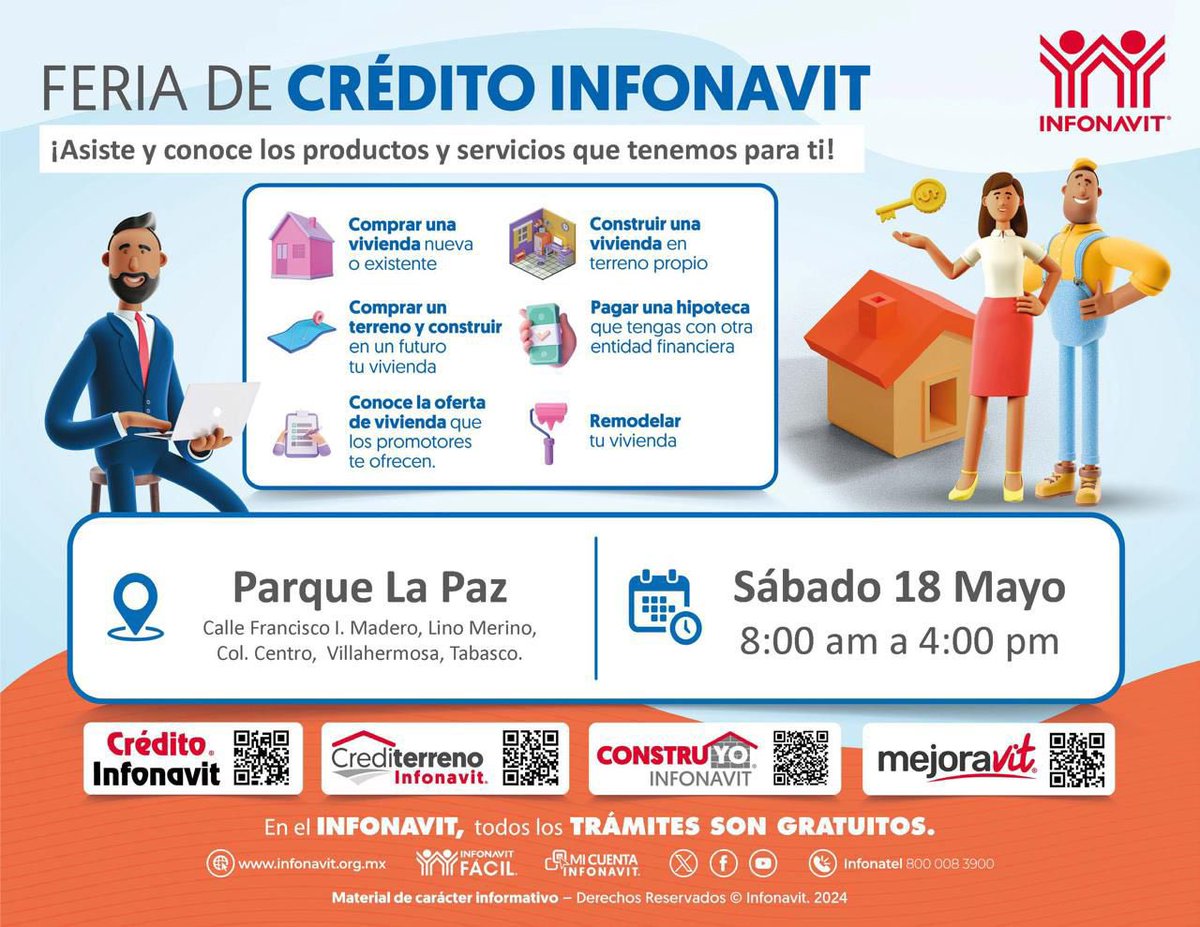 paolacyedra's tweet photo. 🚨FERIA DE CRÉDITO INFONAVIT 🚨
📍Parque La Paz
📆 Sábado 18 de mayo del 2024
🕚 08:00 a 16:00 hrs.
#Villahermosa #Centro #Tabasco #Infonavit #creditoinfonavit https://t.co/aAbYB2zFmL