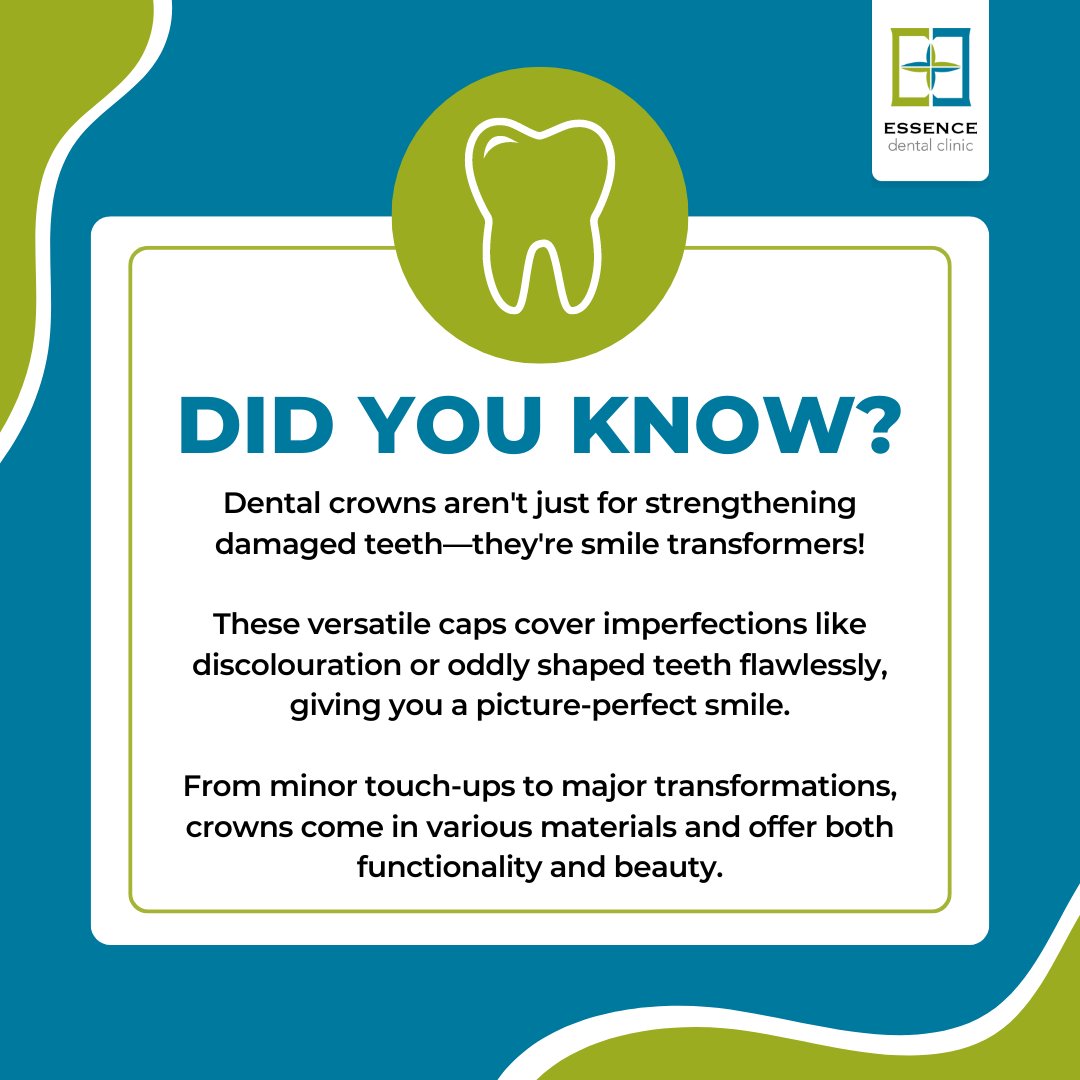 👑 Have a tooth that's discoloured or oddly shaped? A crown can cover it up flawlessly, giving you a smile you'll be proud to show off.

Ready to enhance your smile? Talk to our team about crowns today!

essencedental.co.uk/crowns-and-bri…

#DentalCare #Dentist #DentalCrown