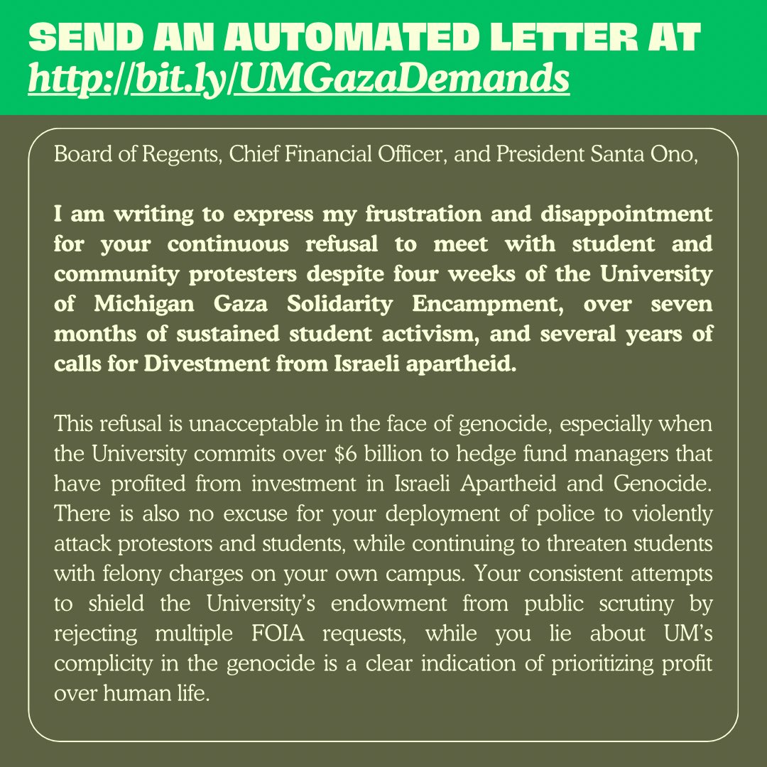 After weeks of camping, months of sustained activism, and years of calls for divestment, the regents still have not met with us. CALL TO ACTION: Send an email to the regents and admin to demand that they meet with us to discuss our demand! bit.ly/UMGazaDemands