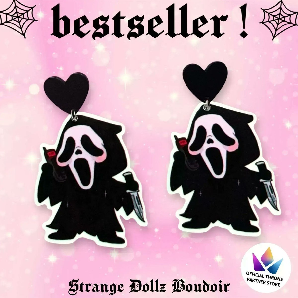 👻🔪💕Hello Sidney! These beautiful #Ghostface earrings are available here :  strange-dollz-boudoir.myshopify.com 👑🎁 Or add to your #Throne wishlist as we are a partner store : throne.com/products/brand… 👑 #twitchtv #Scream #pastelgoth #horrormovie #halloween #contentcreator #megan