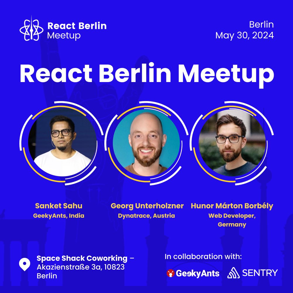 Meet the speakers for the upcoming #ReactBerlinMeetup!💡 • @sanketsahu - Building Back-End-Driven Universal Apps • @georg_dev - Bridging the Gap: Integrating Web Components into React • @HunorBorbely - SVG Tutorial 🎙️Got insights to share? Complete our CFP form: