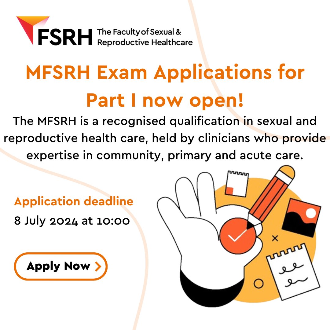 Application for the MFSRH Part I Exams are now open and close on 8 July 2024 at 10:00. 📜 The MFSRH is a recognised qualification in SRH, held by clinicians who provide expertise in community, primary and acute care. Learn more and how to apply at: l8r.it/Cthg