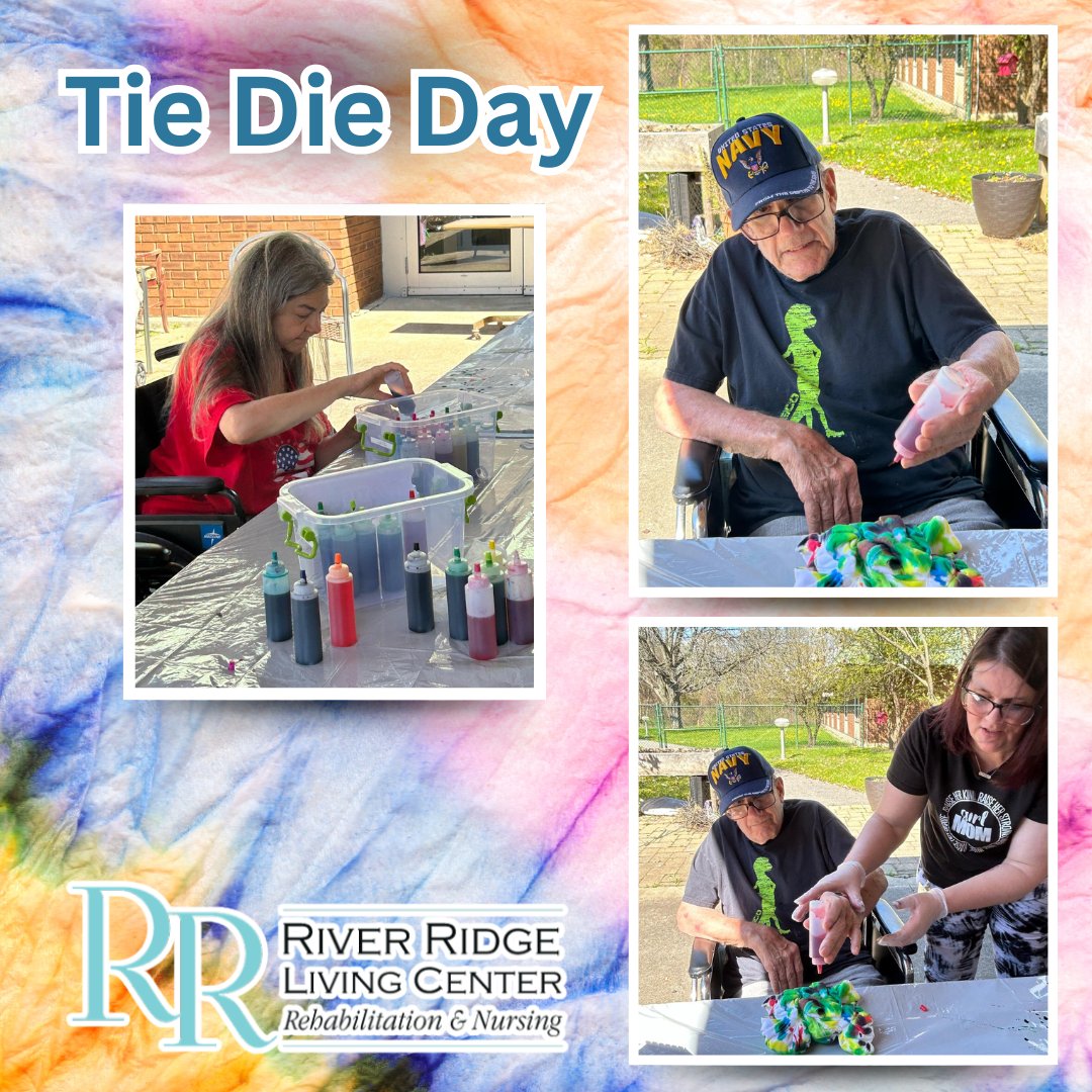 RiverRidgeLC's tweet image. River Ridge Living Center had a blast on Tie Dye Day! 🌈 Residents got creative making cool shirts and enjoyed the lovely weather outdoors. It was a day filled with fun, colors, and smiles all around. #TieDyeDay #RiverRidgeLiving #CreativityAndCommunity