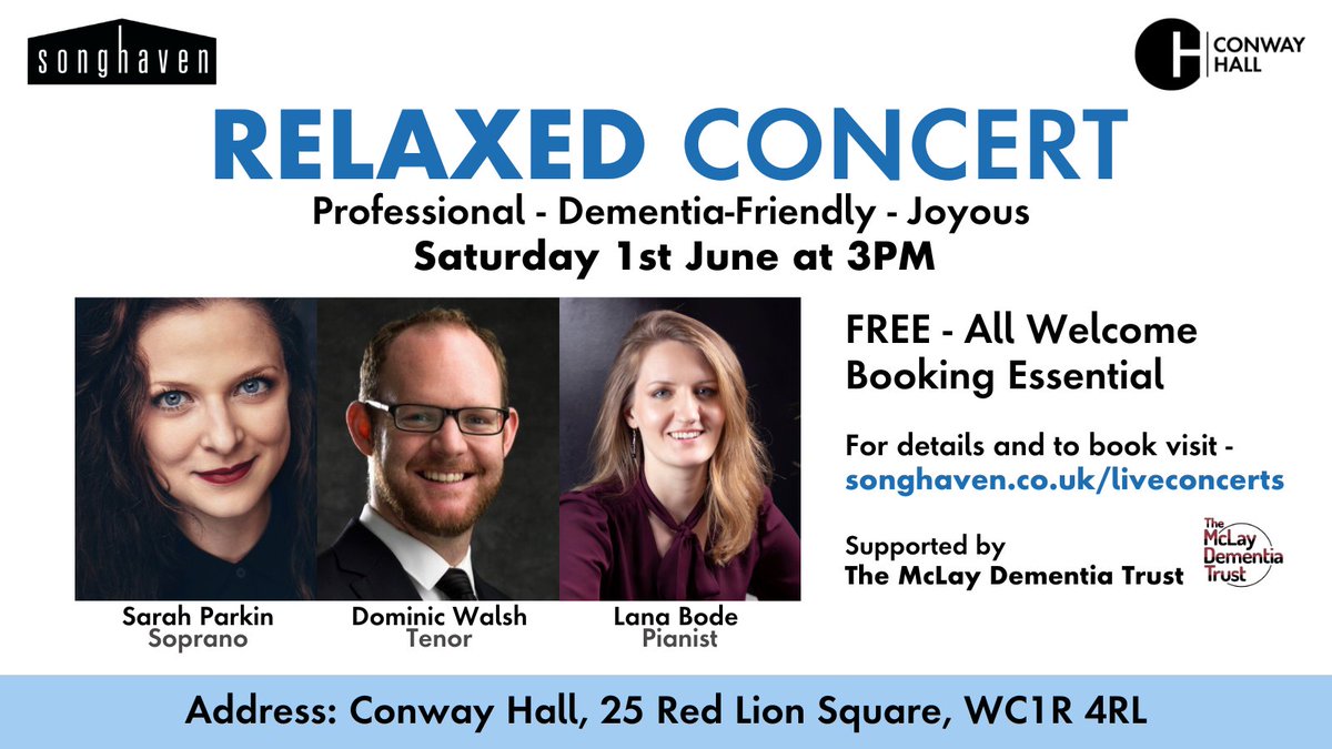 Excited to reveal the lineup for our 2nd @songhaven_uk concert on June 1st! Join us for the talented trio: soprano Sarah Parkin, tenor Dominic Walsh, & pianist Lana Bode. Free & dementia-friendly. Reserve your ticket: loom.ly/iagb3Yg 📆 June 1st, 3pm #DementiaFriendly
