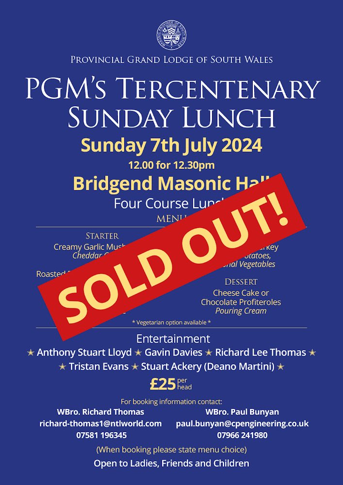 Tercentenary Chair, AProvGM, W.Bro. Dr Akram Baig, would like to thank the Brethren for their support for the upcoming Tercentenary Luncheon on Sunday the 7th of July at Bridgend Masonic Hall, and is delighted to announce the Luncheon is now sold out. @drbaig13