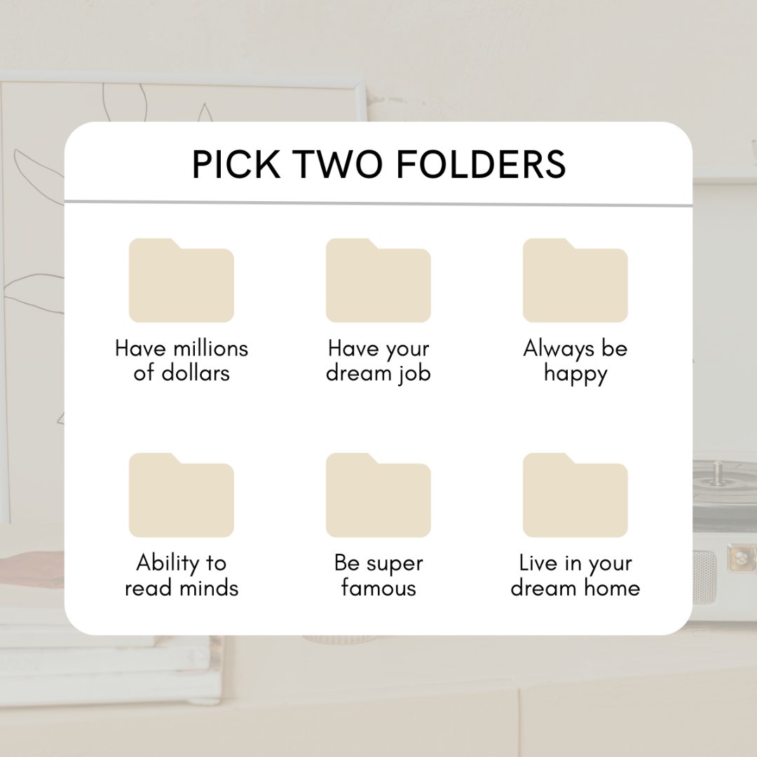 You get to choose two of these folders and that is your destiny! Which do you choose?

Comment below!

#quiz #quiztime #millionaire #dreamjob #happiness #dreamhome #realestate #realtor #toronto #durhamregion #house #buy #sell #EXP #newhomes #GTA #List