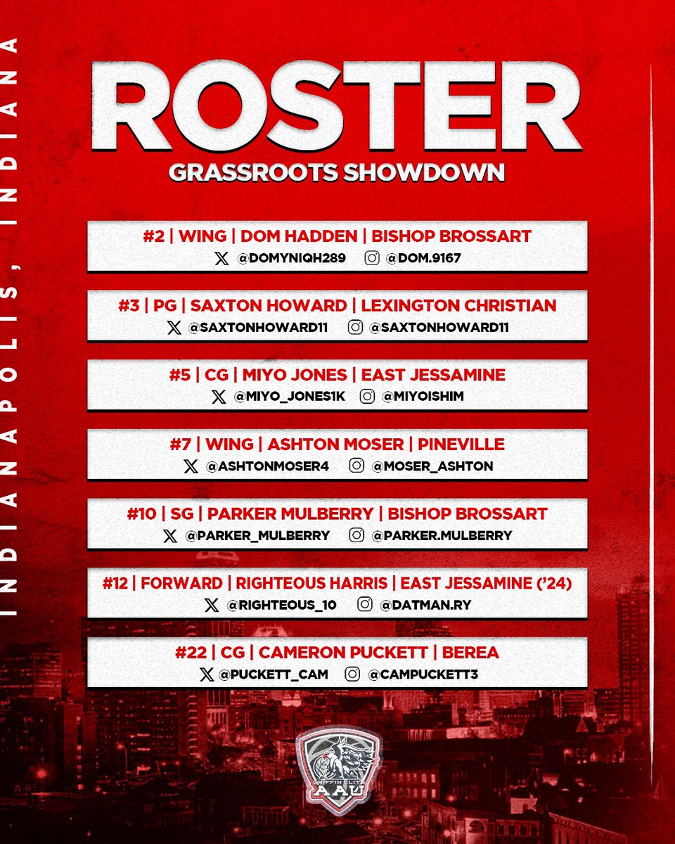 Hustle Select (Ridder) (@hustleselect_28) on Twitter photo Our roster for the Grassroots Showdown and <a href="/Elite40boys/">Elite 40 League (Boys)</a> circuit play in Indianapolis, IN.
<a href="/DomyniqH289/">Domyniq Hadden</a>
<a href="/SaxtonHoward11/">Saxton Howard</a>
<a href="/miyo_jones1k/">Miyo jones</a>
<a href="/AshtonMoser4/">Ashton Moser</a>
<a href="/parker_mulberry/">Parker Mulberry</a>
<a href="/Righteous_10/">Righteous harris</a>
<a href="/puckett_cam/">cameron puckett</a>
Hoping <a href="/jaymeard4/">Jaymear Davis</a> recovers in time to make the trip! Our roster for the Grassroots Showdown and <a href="/Elite40boys/">Elite 40 League (Boys)</a> circuit play in Indianapolis, IN.
<a href="/DomyniqH289/">Domyniq Hadden</a>
<a href="/SaxtonHoward11/">Saxton Howard</a>
<a href="/miyo_jones1k/">Miyo jones</a>
<a href="/AshtonMoser4/">Ashton Moser</a>
<a href="/parker_mulberry/">Parker Mulberry</a>
<a href="/Righteous_10/">Righteous harris</a>
<a href="/puckett_cam/">cameron puckett</a>
Hoping <a href="/jaymeard4/">Jaymear Davis</a> recovers in time to make the trip!