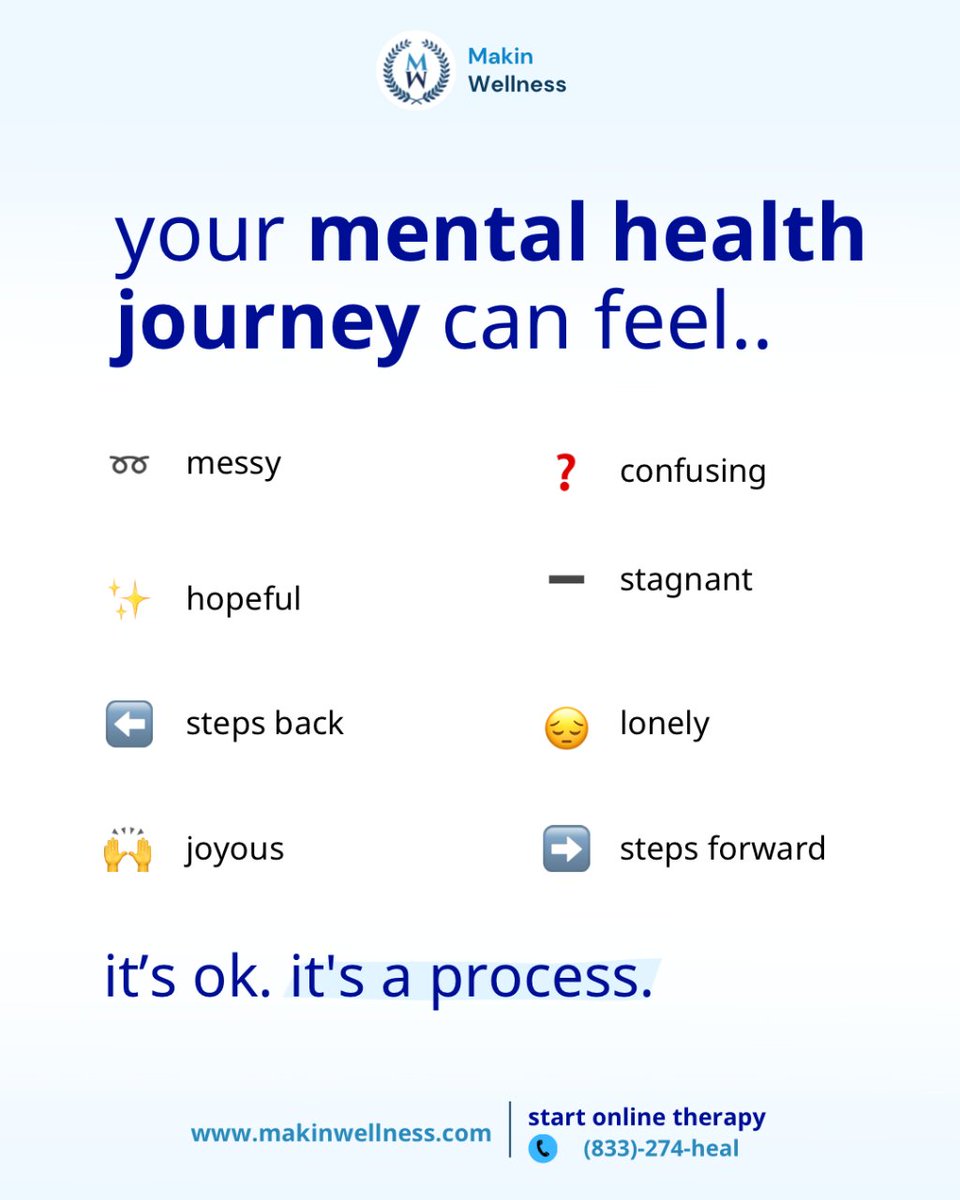 Mental health is a journey, one that can feel like a rollercoaster ride. 

You don't have to face your mental health challenges alone. Start online therapy today 👇
☎️ Call (833)-274-heal
✉️ Email info@makinwellness.com

#onlinetherapy #psychologytoday #mentalhealthmatters