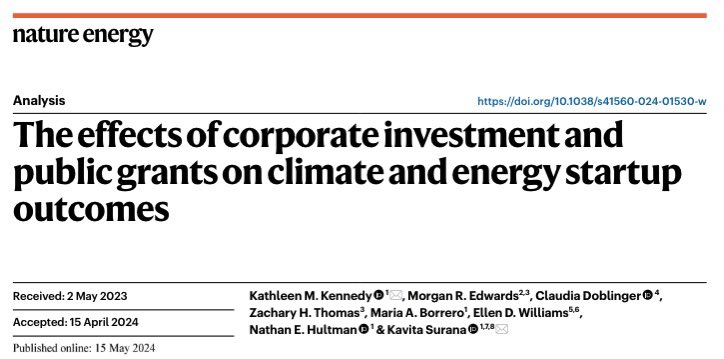 To meet global climate goals, diverse funding sources for climate-tech start-ups is key. A new @NatureEnergyJnl study finds corporate investment in publicly funded climate-tech start-ups improves exit rates by 155% compared to 78% from private investments: nature.com/articles/s4156…