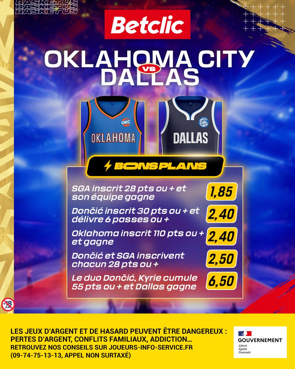 La soirée s'annonce bouillante en #NBA ! 🤩 📲 Retrouve tous les Bons Plans de ce choc entre OKC et Dallas sur ton app' Betclic 🔥