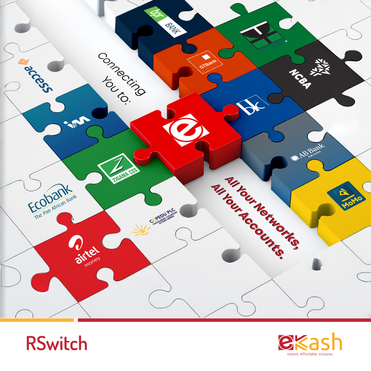 Skip the puzzle, and find peace of mind. #eKash connects all these Mobile Money Operators, Banks and Microfinance Institutions (MFIs), letting you send and receive money instantly and affordably. 

No matter where you keep your money, #eKash keeps you connected, making your