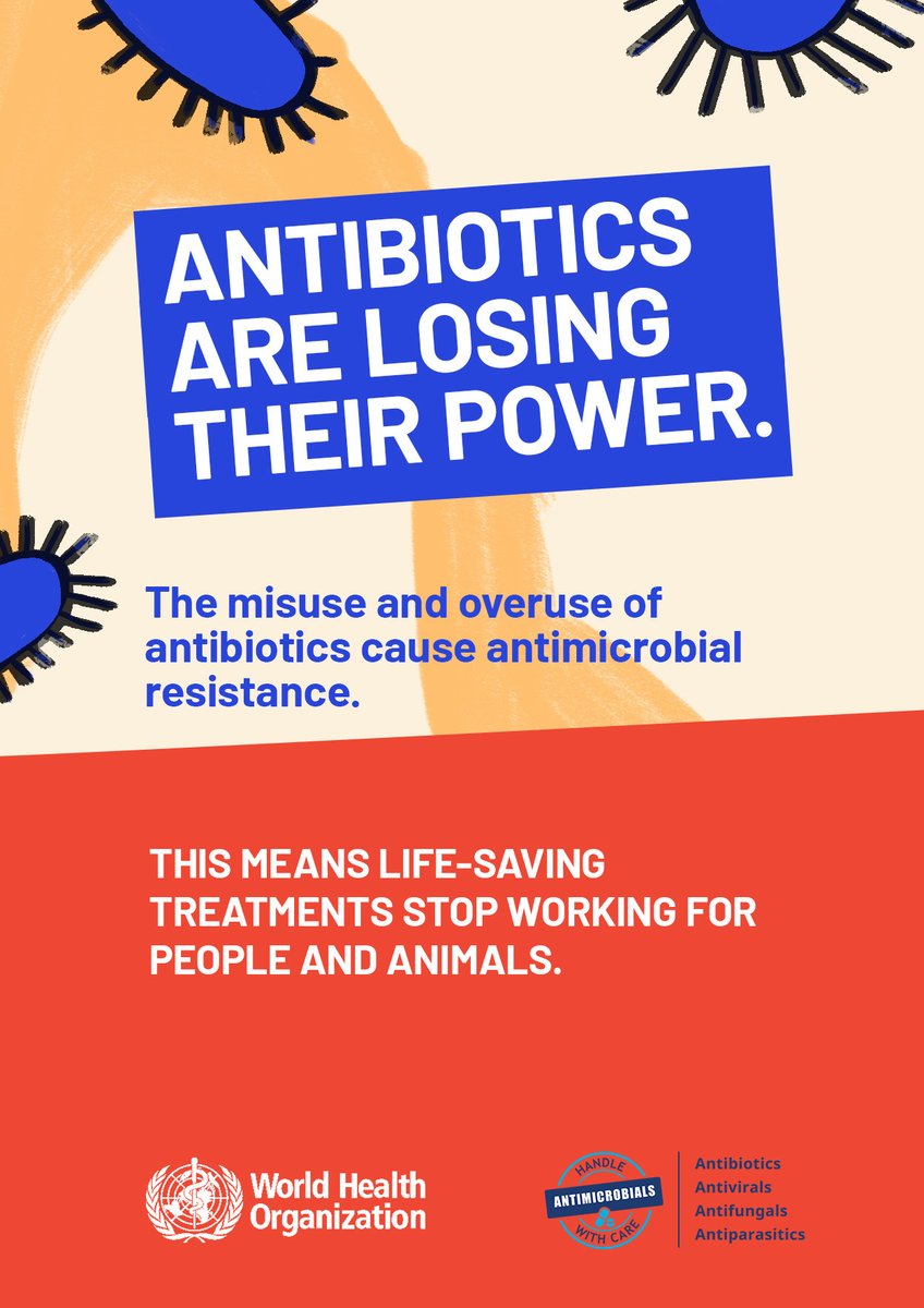 The misuse & overuse of antimicrobial drugs, including antibiotics, is causing antimicrobial resistance. This means antibiotics become less effective against infections. Learn more from @WHO about this serious threat to global health: who.int/campaigns/worl…