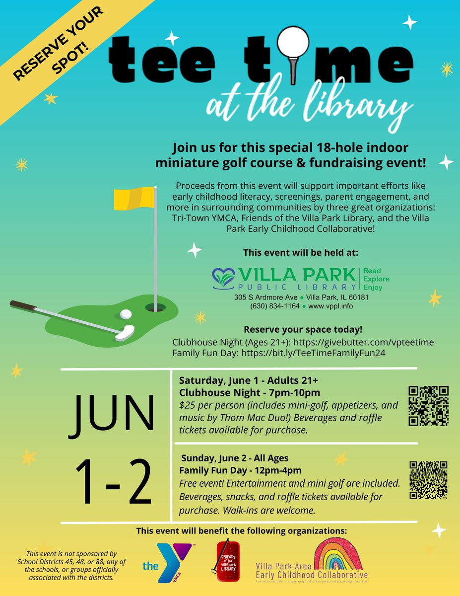 Grab a putter and get thee to the library for a FUNraiser! Join us 6/1 when a little magic transforms the VP Public Library into a mini-golf course for community good! Proud supporters include <a href="/Republic_Bank/">Republic Bank</a> <a href="/DuPageFdn/">DuPage Foundation</a> <a href="/EndeavorHlth/">Endeavor Health</a> 
#VillaPark #Lombard #chicagolandarea