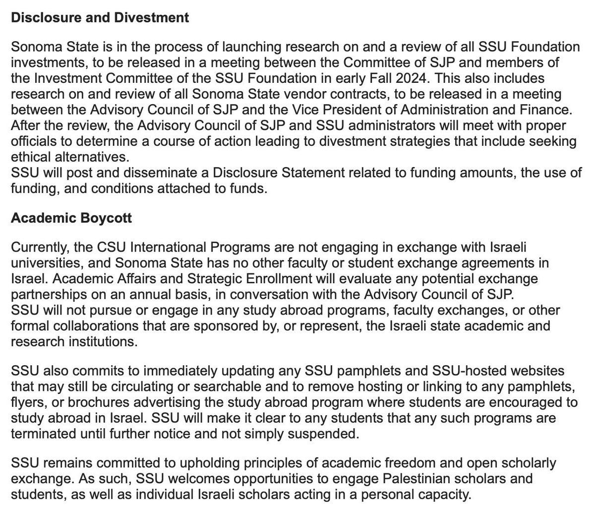 Yesterday the President of Sonoma State University aligned the campus with BDS, a movement whose goal is the destruction of Israel, home to 7M Jews. Several other UC & CSU campuses are doing this more subtly. Sonoma State simply said the quiet part out loud. The mask is off. 🧵