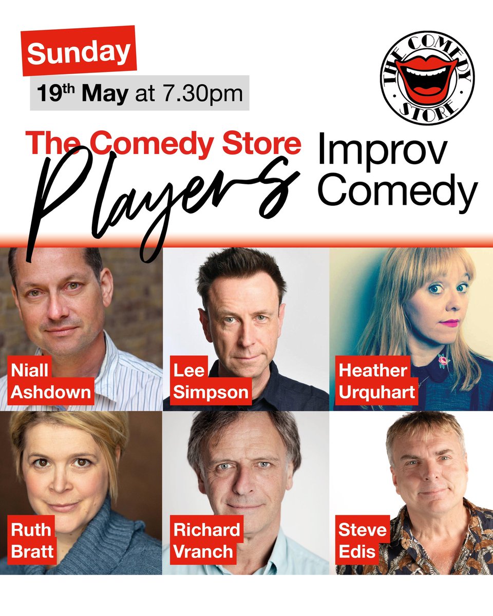 This Sunday @comedystoreuk there's live improvised comedy from @NiallAshdown @lee_simpson1971 @Musicimprov @ruthbratt @richardvranch and @SteveEdis on piano. Doors 6.30, great bar and food. Tickets via comedystoreplayers.com