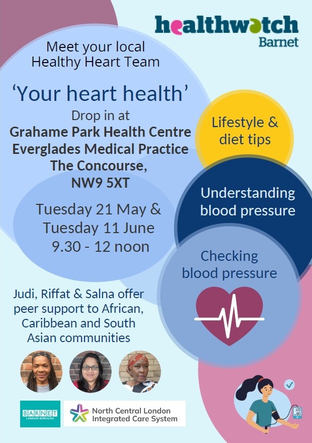Healthwatch Barnet (@hwbarnet) on Twitter photo Join our Healthy Heart team for a free drop in at Everglades Medical Practice - first one on  Tuesday 21 May. Get your blood pressure checked and have a friendly chat about support that's available to you. Join us anytime from 9.30am to 12 noon. More info: ow.ly/UufQ50RHaCS Join our Healthy Heart team for a free drop in at Everglades Medical Practice - first one on  Tuesday 21 May. Get your blood pressure checked and have a friendly chat about support that's available to you. Join us anytime from 9.30am to 12 noon. More info: ow.ly/UufQ50RHaCS