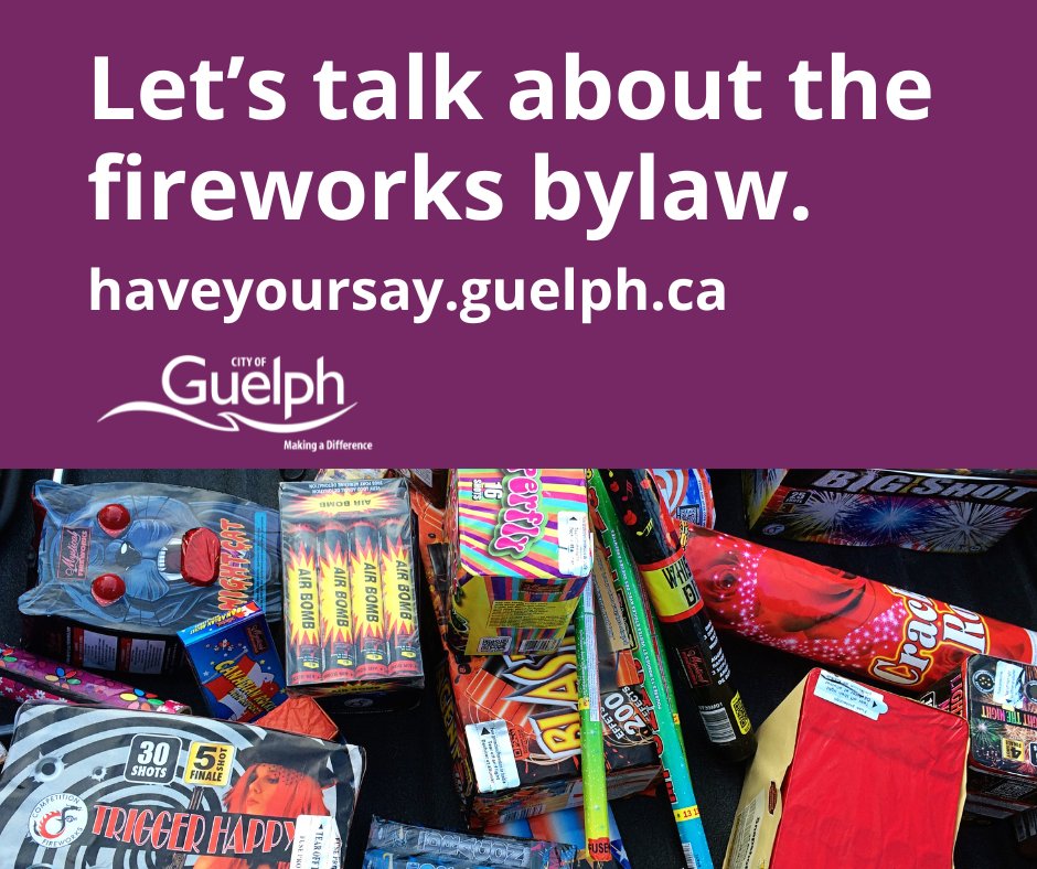 We want to make sure our fireworks bylaw is still meeting the needs of Guelph. We've got a virtual info session tonight from 6:30-8 p.m. where you can learn about the considerations and share your thoughts. Register: ow.ly/rt5450RH4E7 More info: ow.ly/HKnm50RH54Y