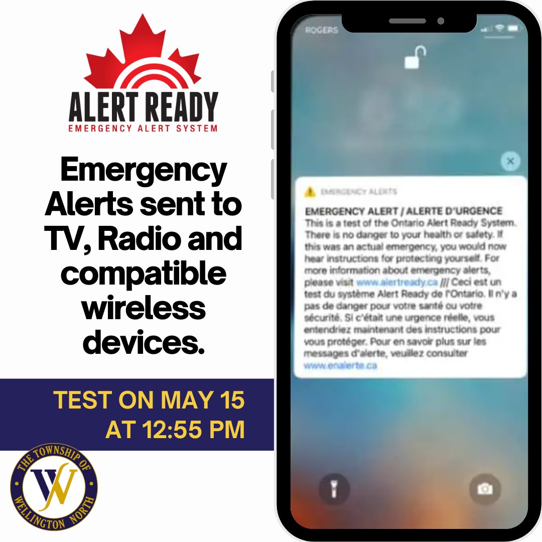 🚨 Reminder: There will be a routine test of the Alert Ready system today at 12:55 PM across Ontario. 📺📻📱 The test message will be sent via TV, radio, and compatible wireless devices. For more info, visit alertready.ca. #AlertReady #Ontario #EmergencyTest