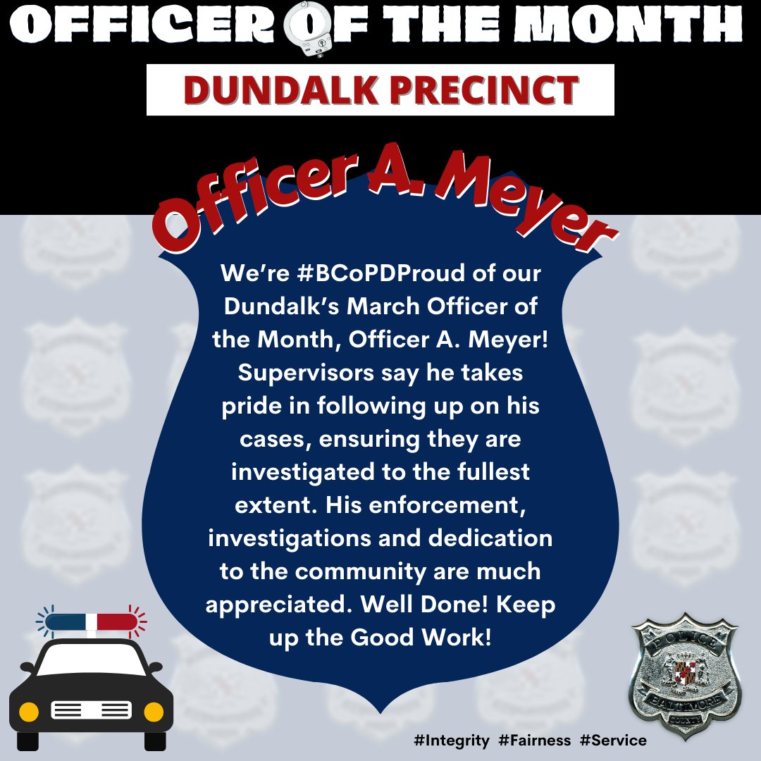 🔊Congratulations to our #Dundalk Precinct's March 🏆Officer of the Month, #BCoPD Officer A. Meyer!! Supervisors say he takes pride in following up on his cases, ensuring that they're investigated fully. 🚔Well Done, Officer Meyer!! Thank You!!👏🏼👏🏼 #top #best