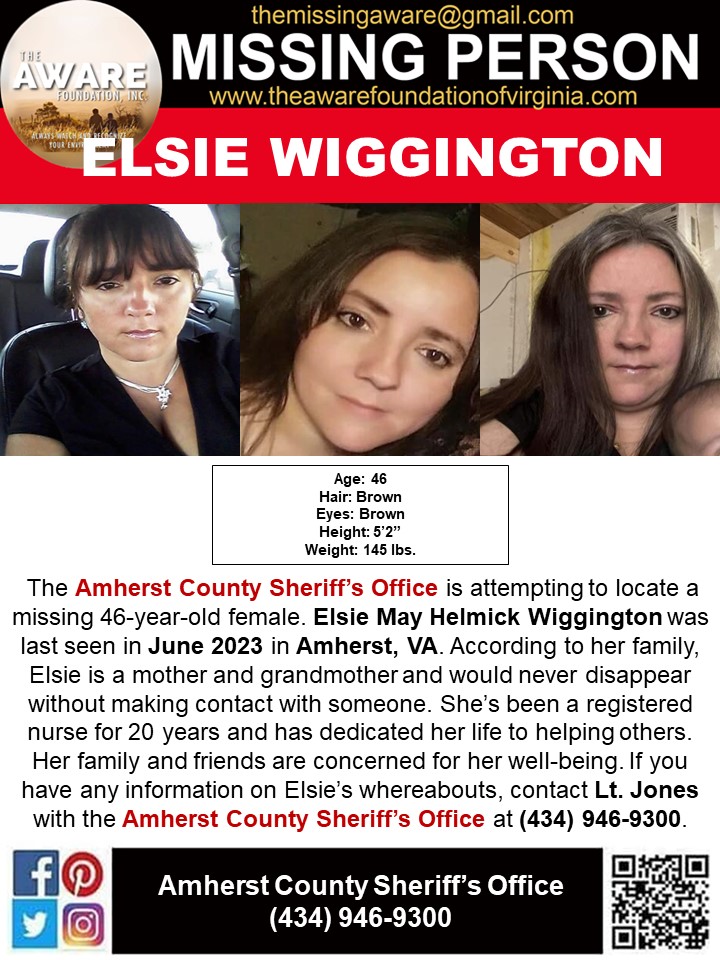***MISSING*** AMHERST, VA
The Amherst County Sheriff's Office is attempting to locate a missing 46-year-old female. Elsie May Helmick Wiggington was last seen in June 2023 in Amherst, VA. According to her family, Elsie is a mother and grandmother and would never disappear without…