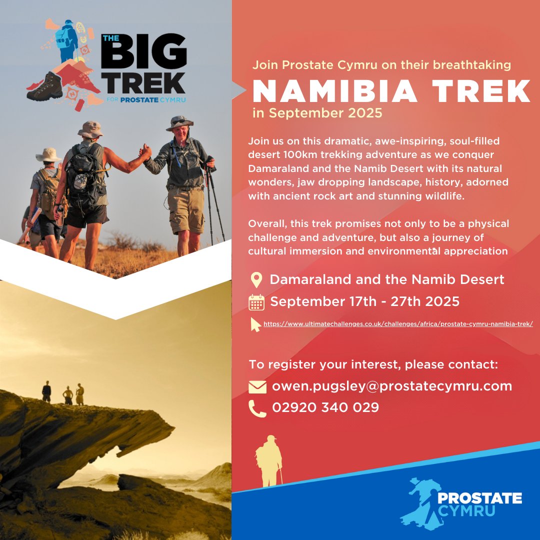 🥾NAMIBIA 2025 Join Prostate Cymru on The Big Trek to Namibia and see incredible sights whilst raising money for Wales's leading prostate health charity! Open Evening: 🗓️22nd May 📍Novotel Cardiff ⏰ 6:30pm Learn More: ultimatechallenges.co.uk/challenges/afr…