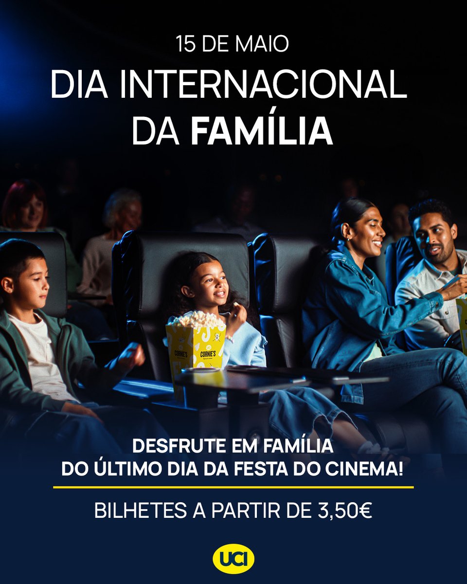 Hoje termina a Festa do Cinema! 📽️
E também celebramos o Dia Internacional da Família. 
 👩‍👩‍👦Um dia ideal para ir ao cinema todos juntos, para ver os melhores filmes, a um preço muito especial! Aqui os esperamos! ucicinemas.pt