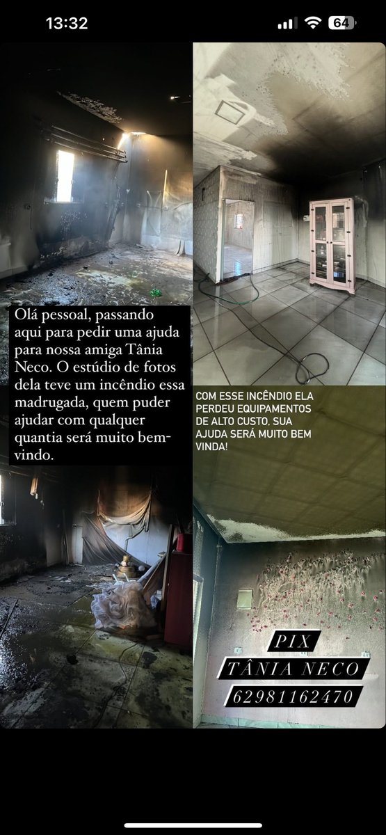 Oi gente, tô passando aqui pra pedir a ajuda de vcs. Ontem o Studio fotográfico da minha mãezinha pegou fogo. Roupas, tecidos, cenários e equipamentos estragaram. Quem puder ajudar com qlqr quantia será mt bem vindo 🙏🏻 PIX TELEFONE 62981162470 Tânia Jesus da Silva Alves Martins