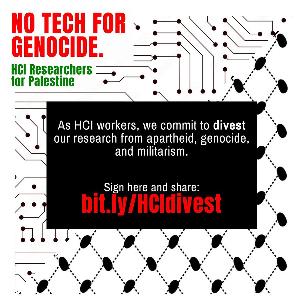 As #CHI2024 occurs in Hawai’i, the genocide of Palestinians continues. In last week's HCI for Palestine workshop, we discussed how HCI workers can organize to #divest our labor from militarism and occupation. Join us & sign the pledge here: bit.ly/HCIdivest